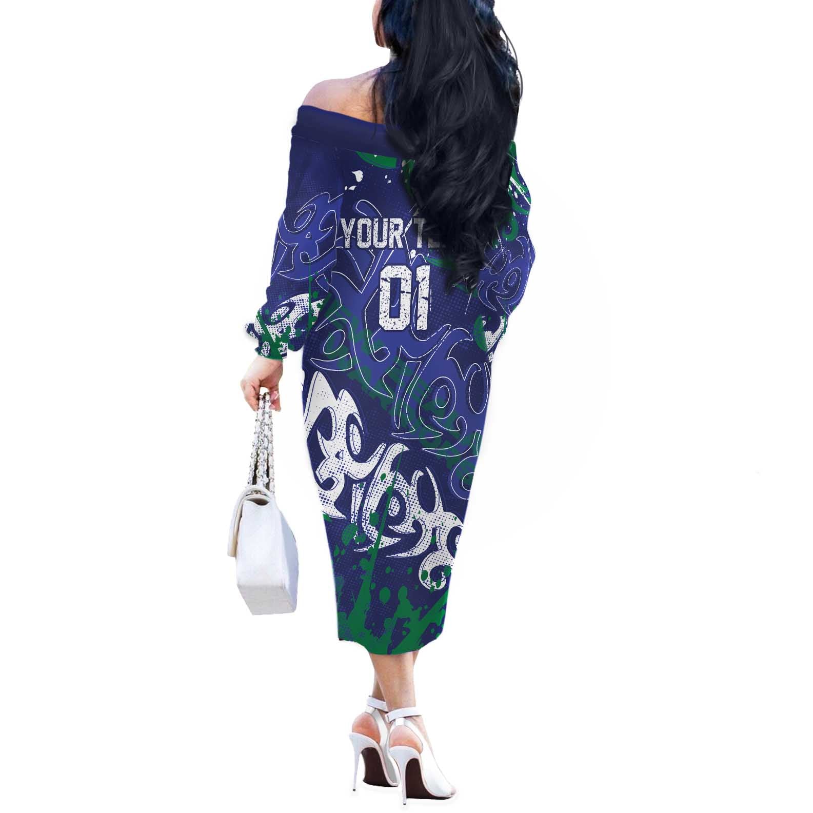 Personalized New Zealand Warriors Rugby Off The Shoulder Long Sleeve Dress Urban Street Graffiti Style - Distressed Splatter Elements