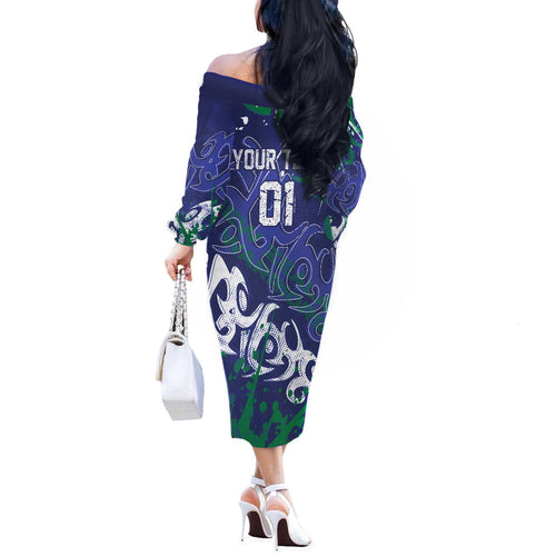 Personalized New Zealand Warriors Rugby Off The Shoulder Long Sleeve Dress Urban Street Graffiti Style - Distressed Splatter Elements