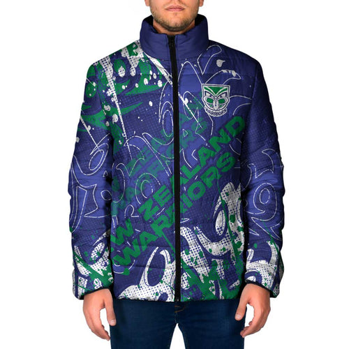 Personalized New Zealand Warriors Rugby Padded Jacket Urban Street Graffiti Style - Distressed Splatter Elements