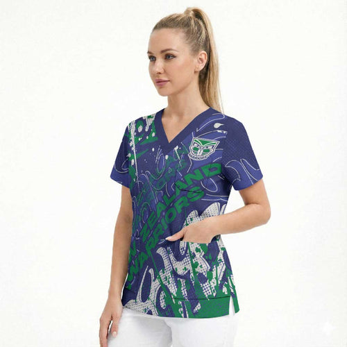 Personalized New Zealand Warriors Rugby Scrub Top Urban Street Graffiti Style - Distressed Splatter Elements