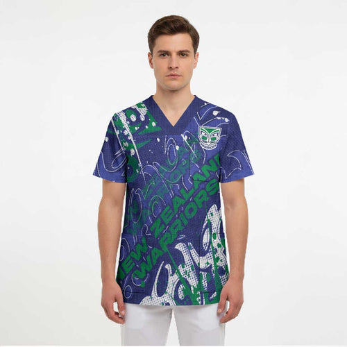 Personalized New Zealand Warriors Rugby Scrub Top Urban Street Graffiti Style - Distressed Splatter Elements