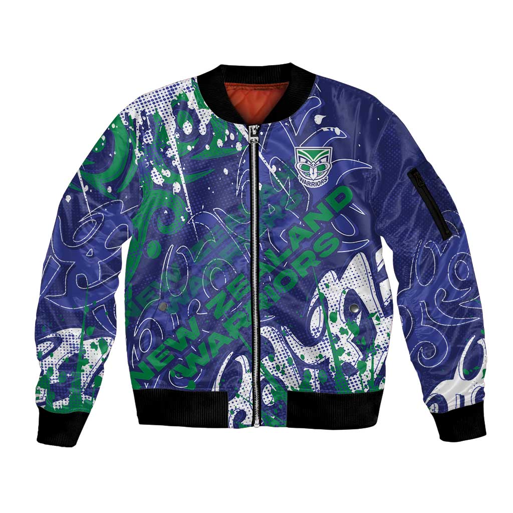 Personalized New Zealand Warriors Rugby Sleeve Zip Bomber Jacket Urban Street Graffiti Style - Distressed Splatter Elements