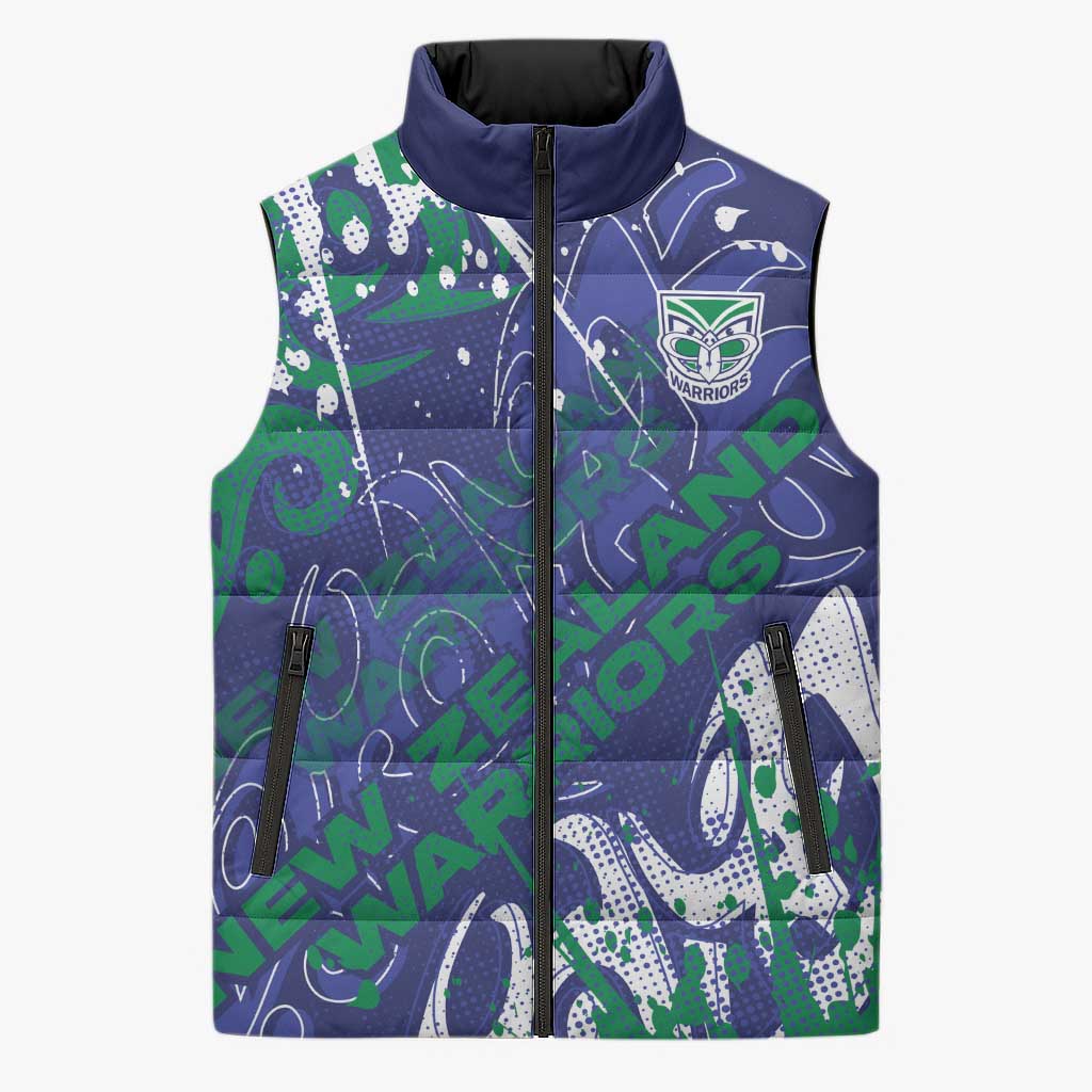 Personalized New Zealand Warriors Rugby Sleeveless Puffer Jacket Urban Street Graffiti Style - Distressed Splatter Elements