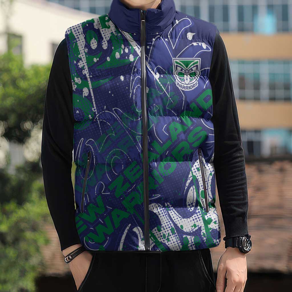 Personalized New Zealand Warriors Rugby Sleeveless Puffer Jacket Urban Street Graffiti Style - Distressed Splatter Elements