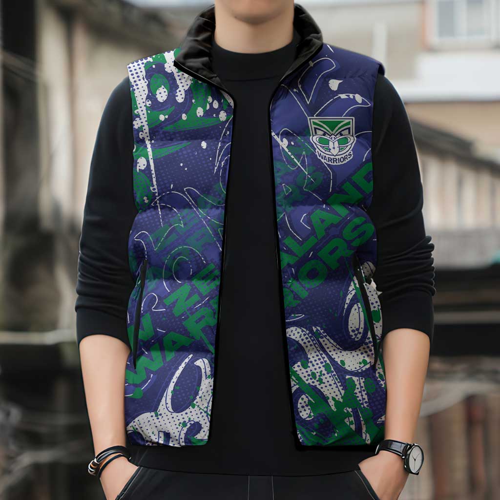 Personalized New Zealand Warriors Rugby Sleeveless Puffer Jacket Urban Street Graffiti Style - Distressed Splatter Elements