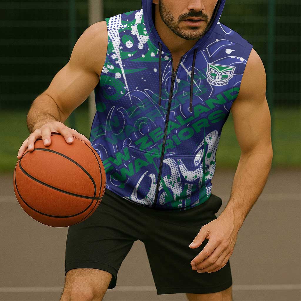 Personalized New Zealand Warriors Rugby Sleeveless Zip Hoodie Urban Street Graffiti Style - Distressed Splatter Elements