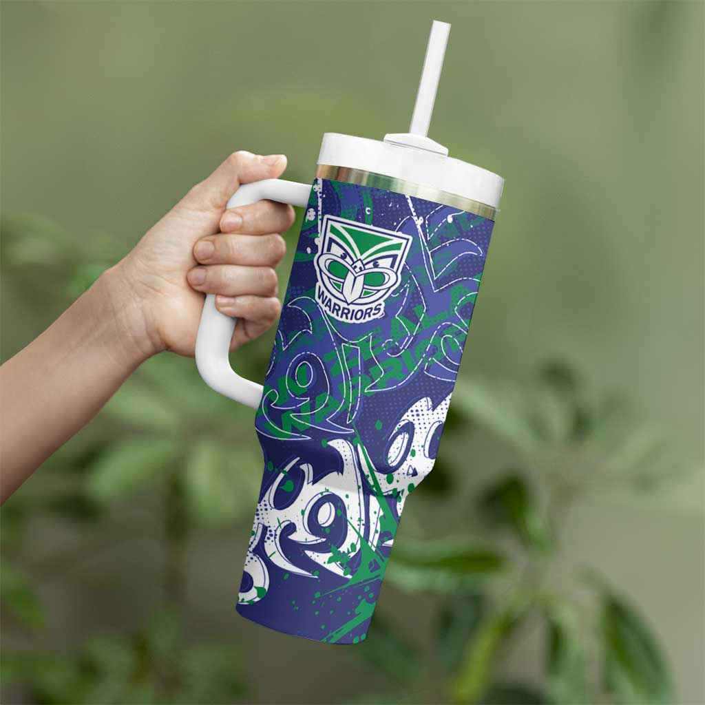 Personalized New Zealand Warriors Rugby Tumbler With Handle Urban Street Graffiti Style - Distressed Splatter Elements