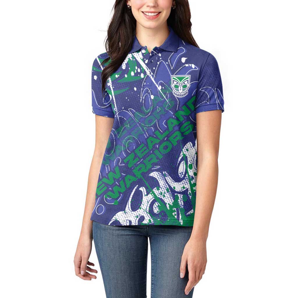 Personalized New Zealand Warriors Rugby Women Polo Shirt Urban Street Graffiti Style - Distressed Splatter Elements