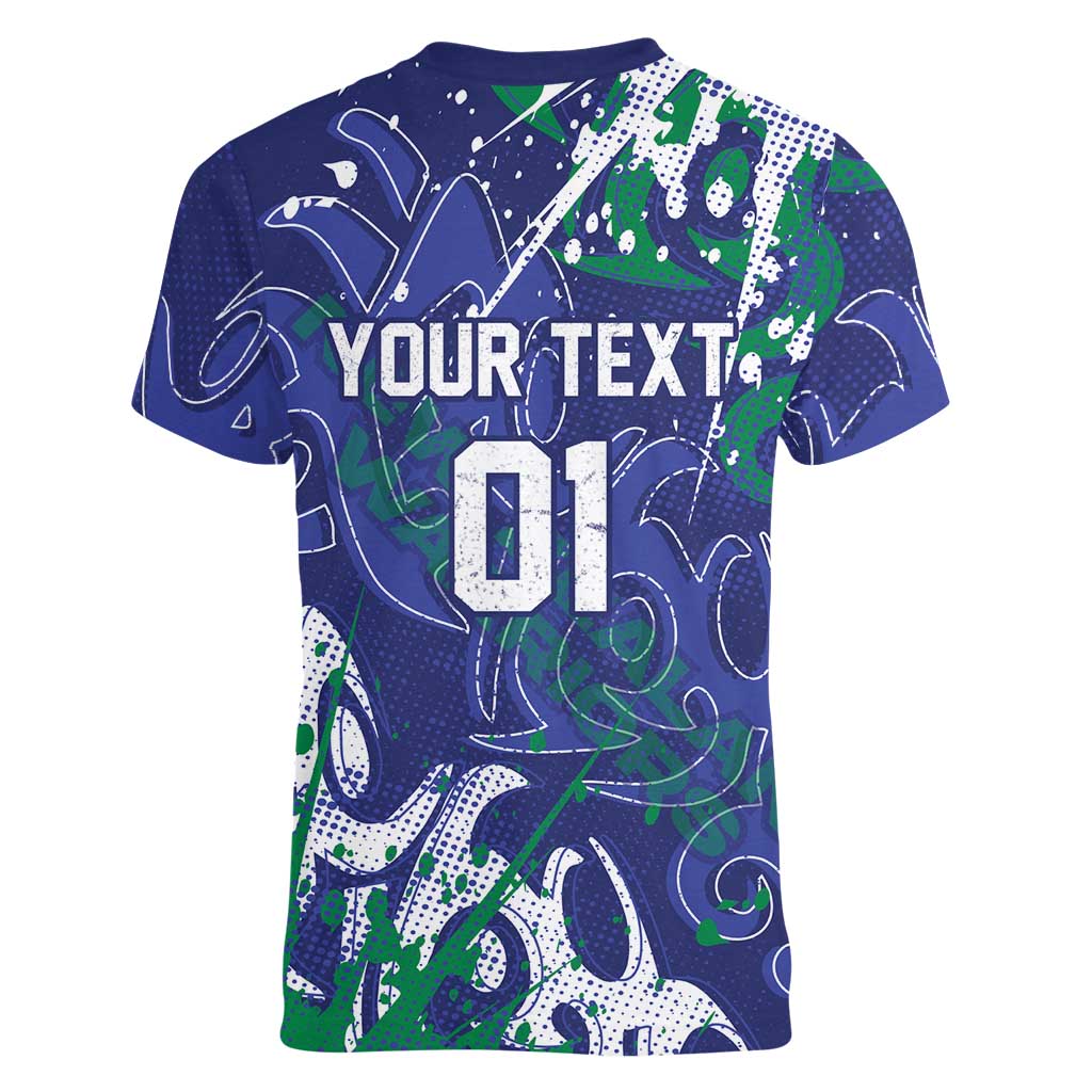 Personalized New Zealand Warriors Rugby Women V-Neck T-Shirt Urban Street Graffiti Style - Distressed Splatter Elements