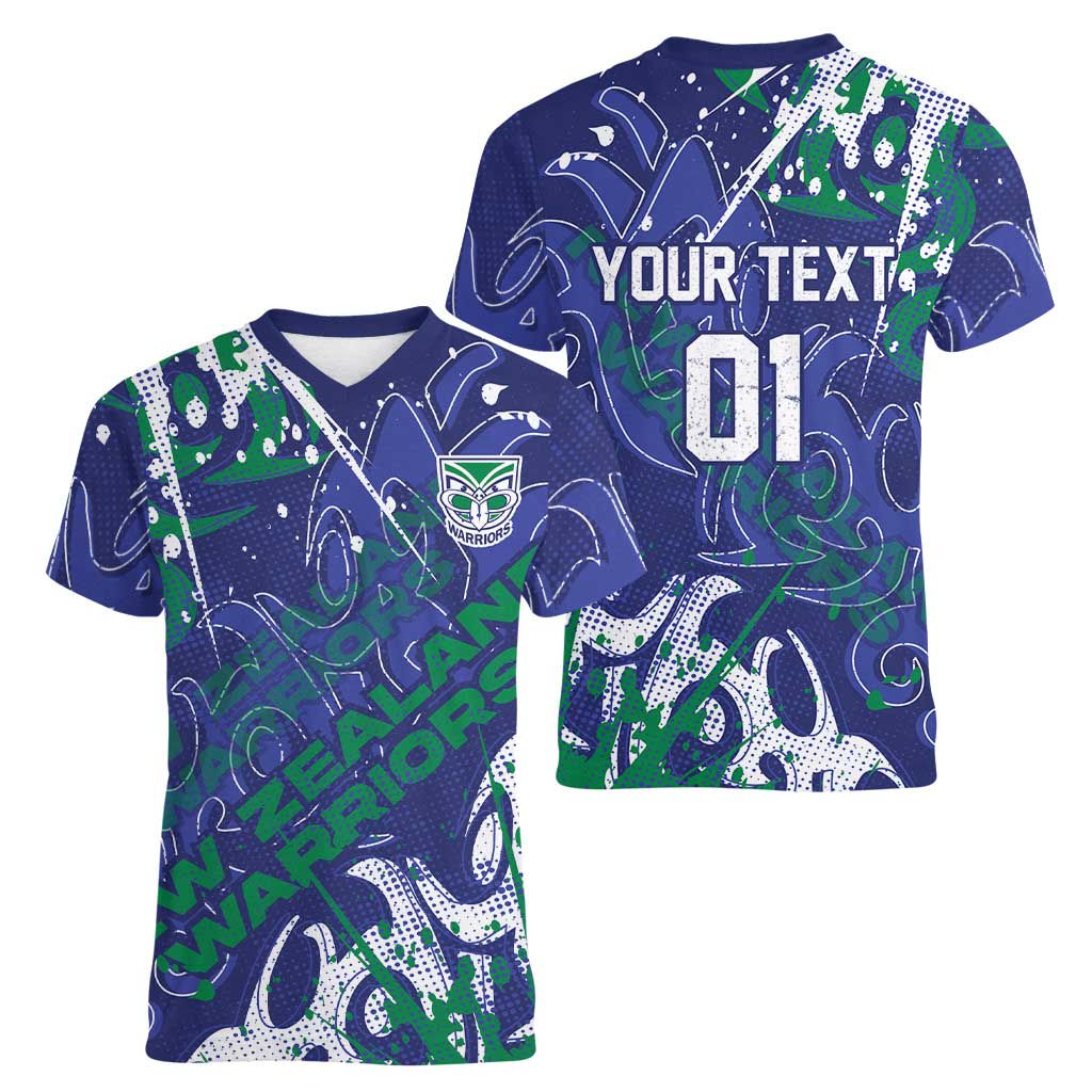 Personalized New Zealand Warriors Rugby Women V-Neck T-Shirt Urban Street Graffiti Style - Distressed Splatter Elements