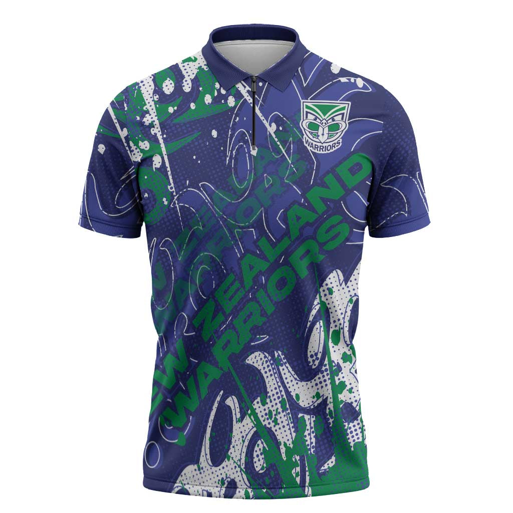 Personalized New Zealand Warriors Rugby Zipper Polo Shirt Urban Street Graffiti Style - Distressed Splatter Elements