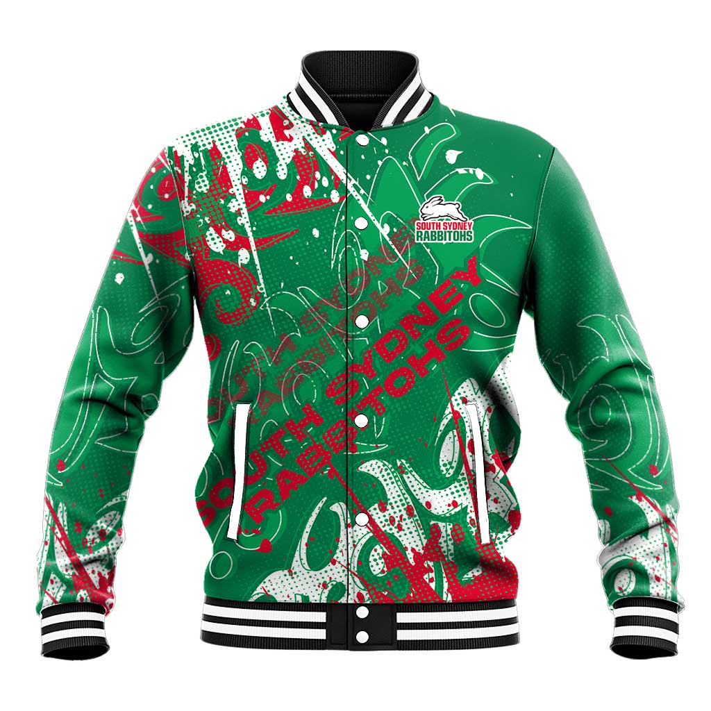 Personalized South Sydney Rabbitohs Rugby Baseball Jacket Urban Street Graffiti Style - Distressed Splatter Elements