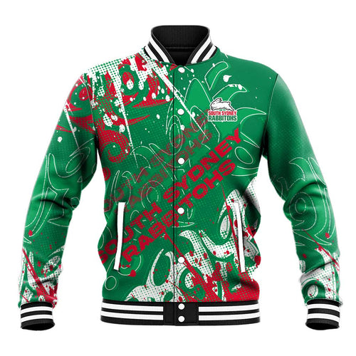 Personalized South Sydney Rabbitohs Rugby Baseball Jacket Urban Street Graffiti Style - Distressed Splatter Elements