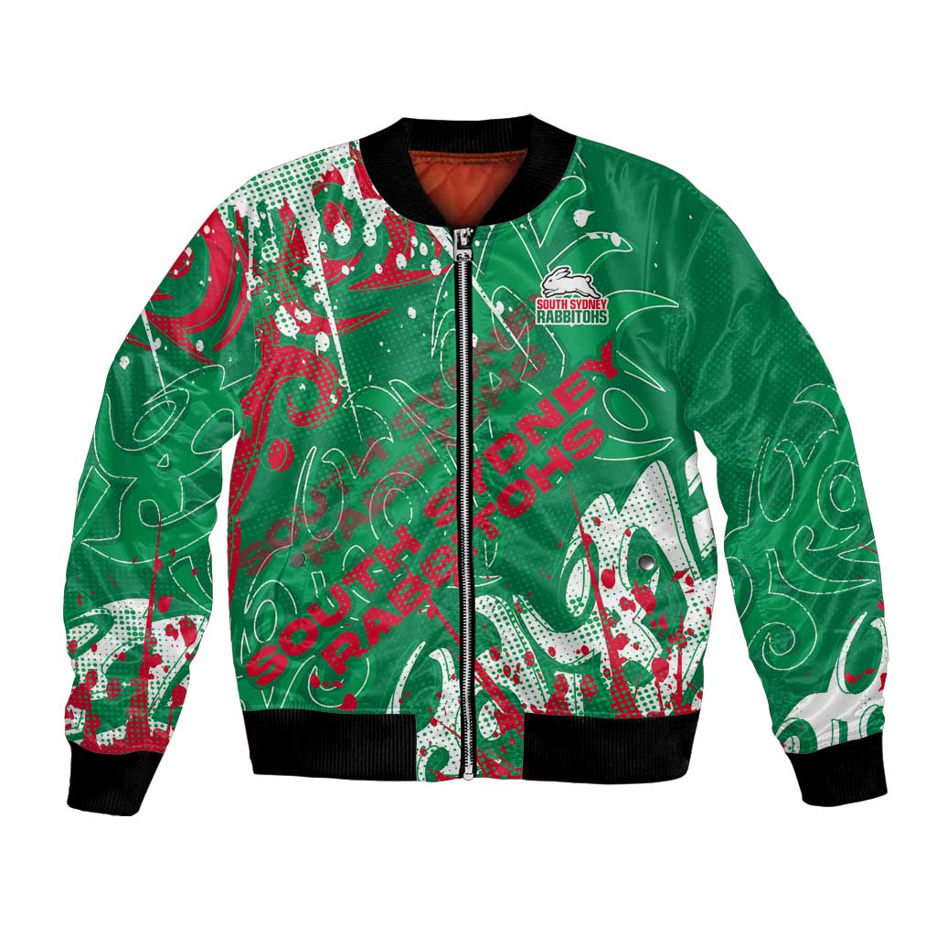 Personalized South Sydney Rabbitohs Rugby Bomber Jacket Urban Street Graffiti Style - Distressed Splatter Elements