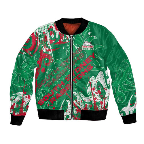 Personalized South Sydney Rabbitohs Rugby Bomber Jacket Urban Street Graffiti Style - Distressed Splatter Elements