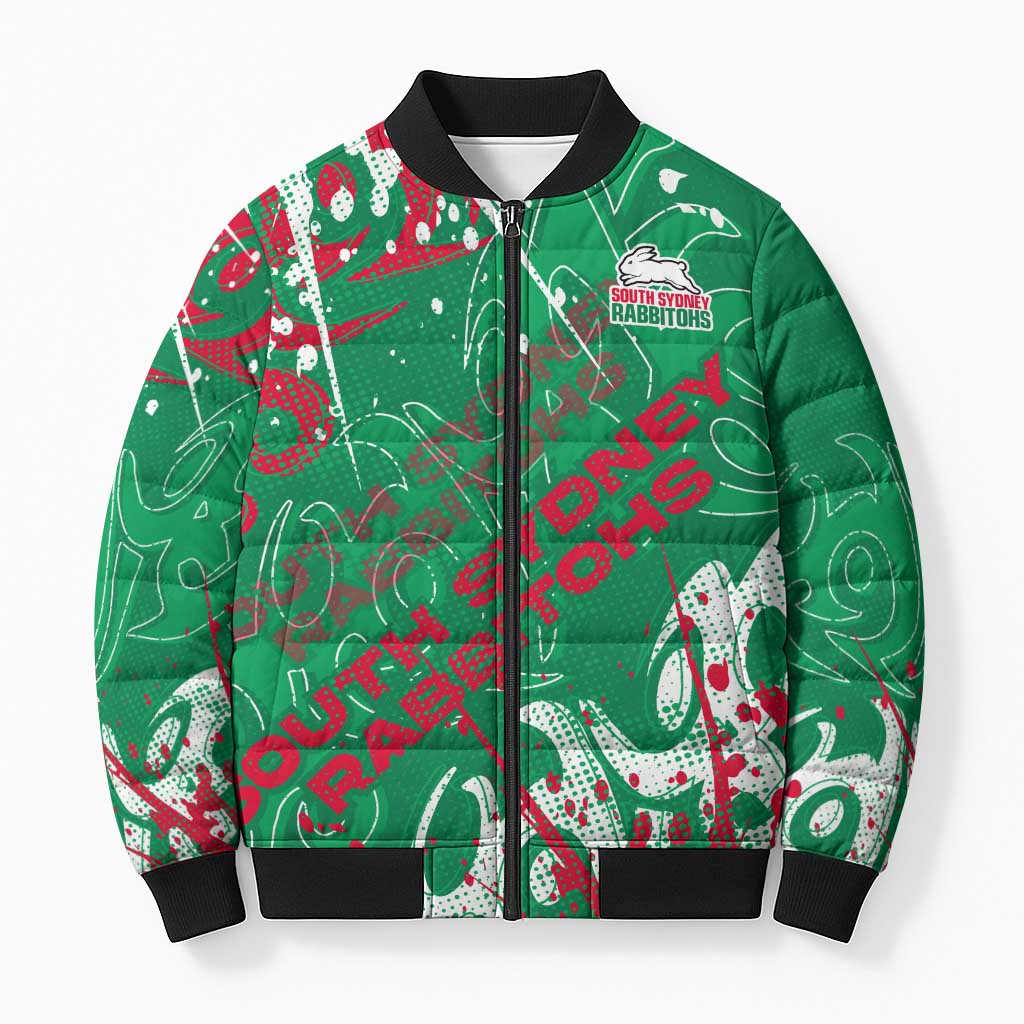 Personalized South Sydney Rabbitohs Rugby Bomber Puffer Jacket Urban Street Graffiti Style - Distressed Splatter Elements