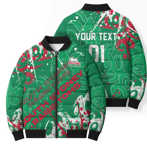 Personalized South Sydney Rabbitohs Rugby Bomber Puffer Jacket Urban Street Graffiti Style - Distressed Splatter Elements