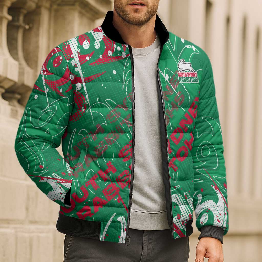 Personalized South Sydney Rabbitohs Rugby Bomber Puffer Jacket Urban Street Graffiti Style - Distressed Splatter Elements