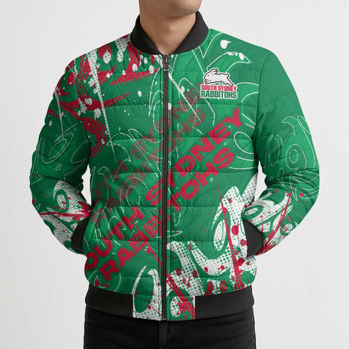 Personalized South Sydney Rabbitohs Rugby Bomber Puffer Jacket Urban Street Graffiti Style - Distressed Splatter Elements