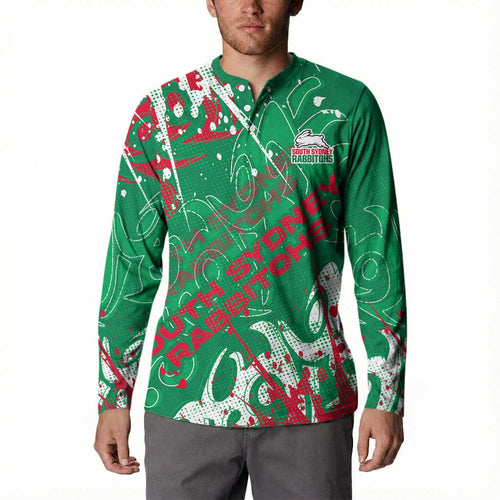 Personalized South Sydney Rabbitohs Rugby Button Sweatshirt Urban Street Graffiti Style - Distressed Splatter Elements