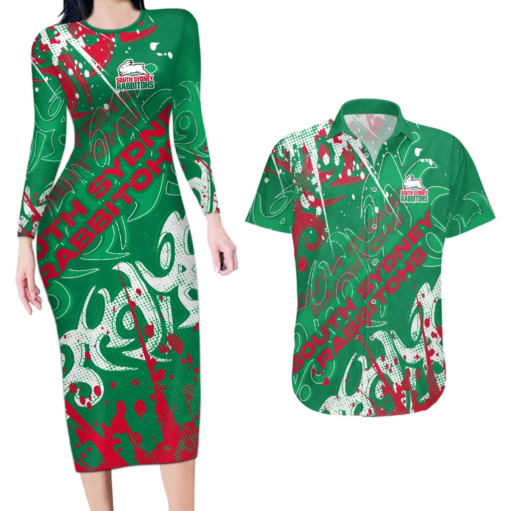 Personalized South Sydney Rabbitohs Rugby Couples Matching Long Sleeve Bodycon Dress and Hawaiian Shirt Urban Street Graffiti Style - Distressed Splatter Elements