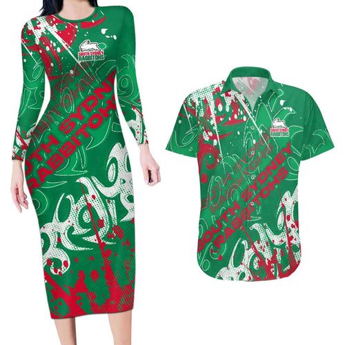 Personalized South Sydney Rabbitohs Rugby Couples Matching Long Sleeve Bodycon Dress and Hawaiian Shirt Urban Street Graffiti Style - Distressed Splatter Elements