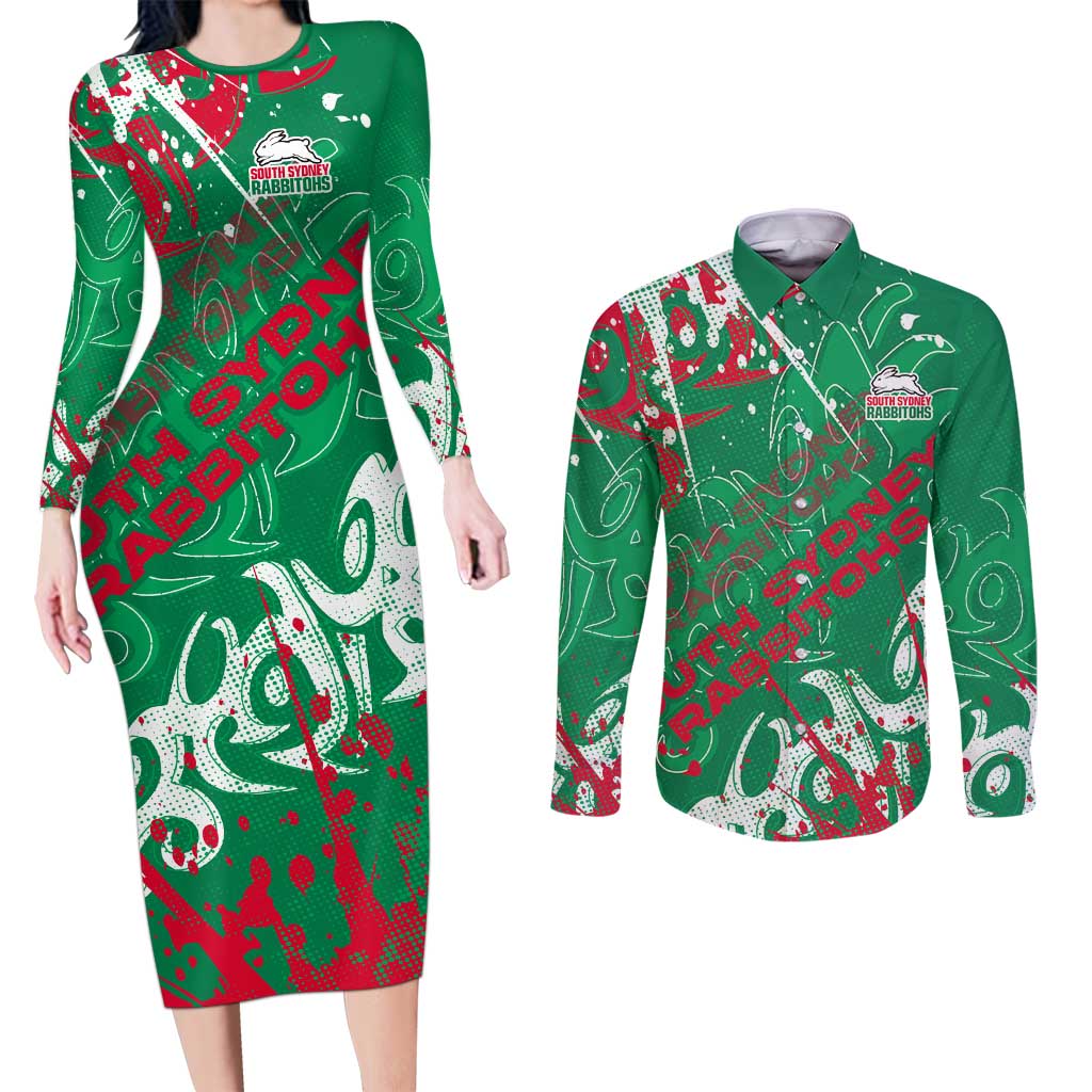 Personalized South Sydney Rabbitohs Rugby Couples Matching Long Sleeve Bodycon Dress and Long Sleeve Button Shirt Urban Street Graffiti Style - Distressed Splatter Elements