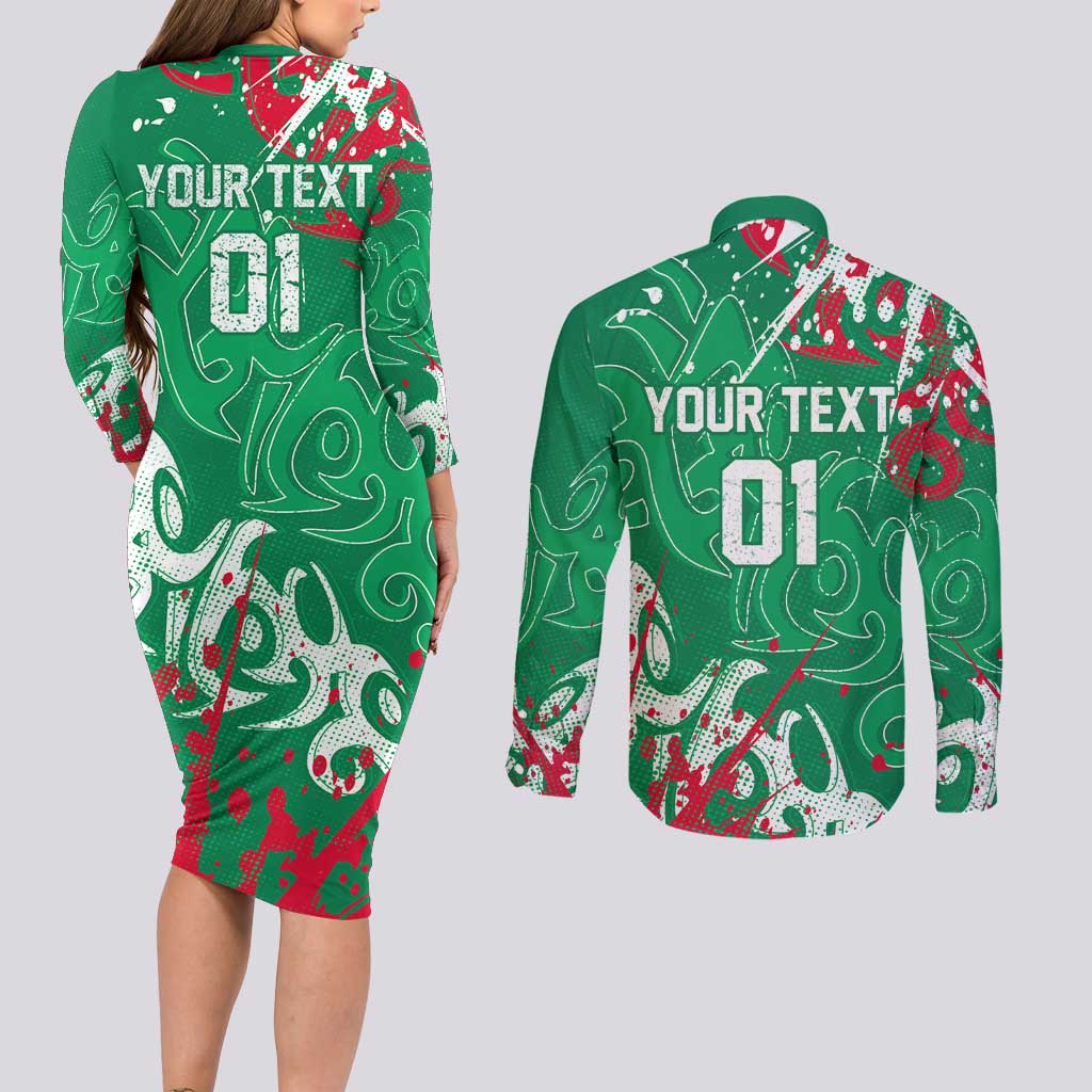 Personalized South Sydney Rabbitohs Rugby Couples Matching Long Sleeve Bodycon Dress and Long Sleeve Button Shirt Urban Street Graffiti Style - Distressed Splatter Elements
