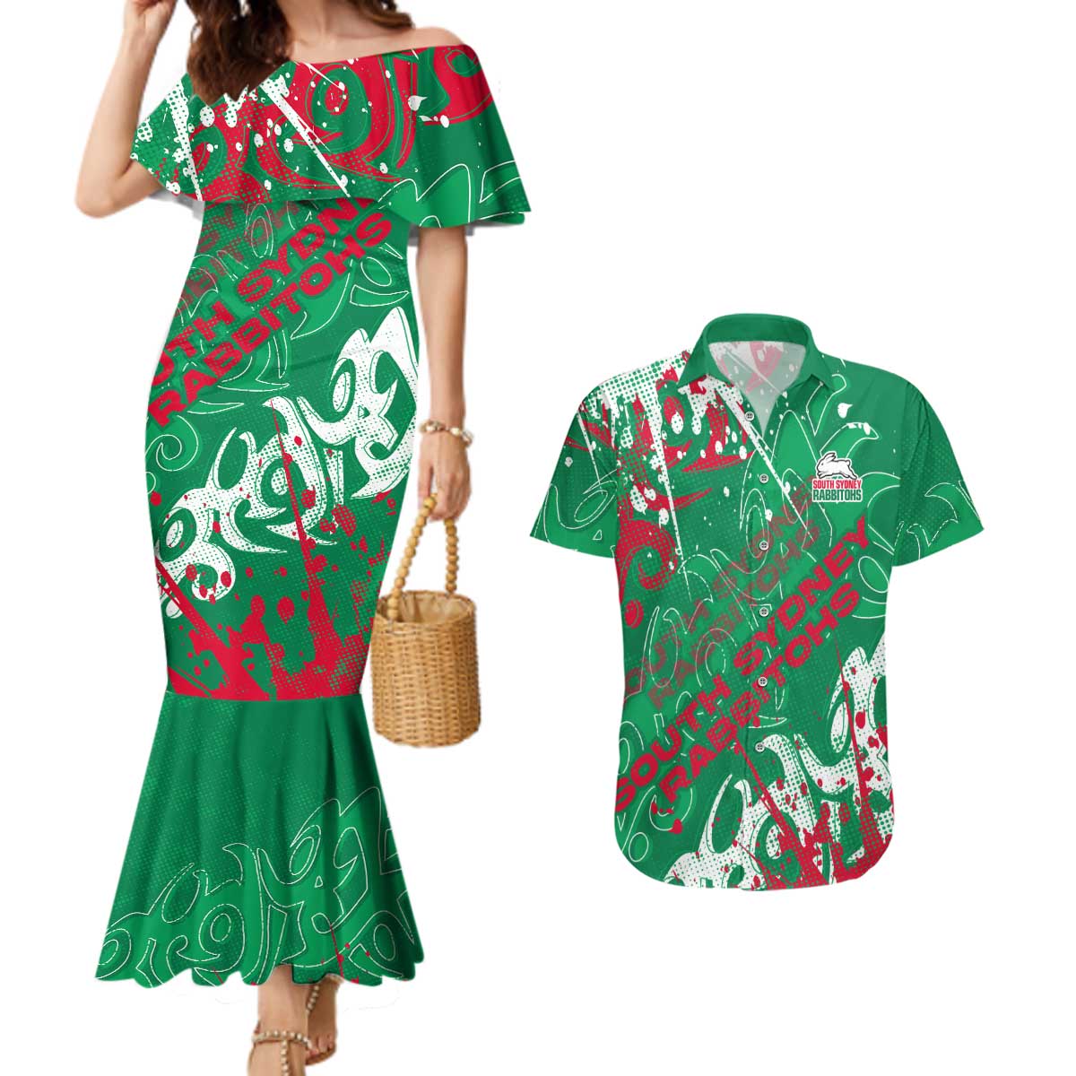 Personalized South Sydney Rabbitohs Rugby Couples Matching Mermaid Dress and Hawaiian Shirt Urban Street Graffiti Style - Distressed Splatter Elements