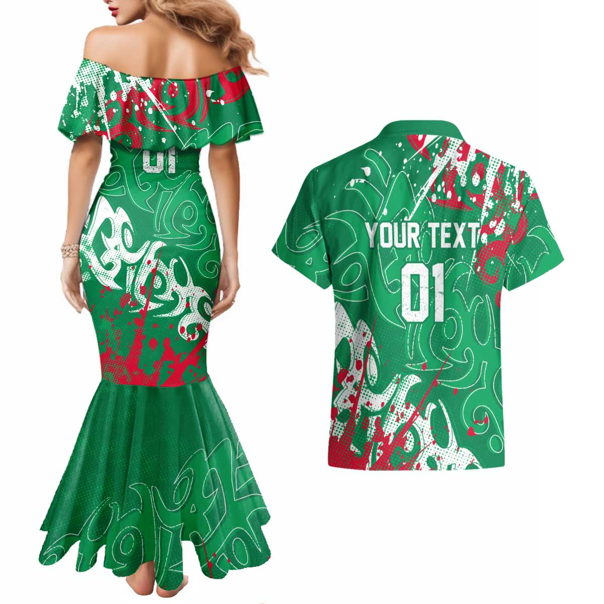 Personalized South Sydney Rabbitohs Rugby Couples Matching Mermaid Dress and Hawaiian Shirt Urban Street Graffiti Style - Distressed Splatter Elements