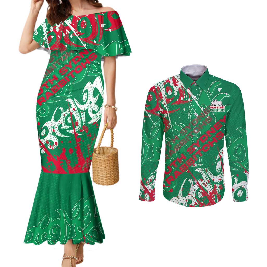 Personalized South Sydney Rabbitohs Rugby Couples Matching Mermaid Dress and Long Sleeve Button Shirt Urban Street Graffiti Style - Distressed Splatter Elements