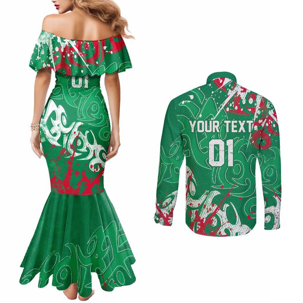 Personalized South Sydney Rabbitohs Rugby Couples Matching Mermaid Dress and Long Sleeve Button Shirt Urban Street Graffiti Style - Distressed Splatter Elements