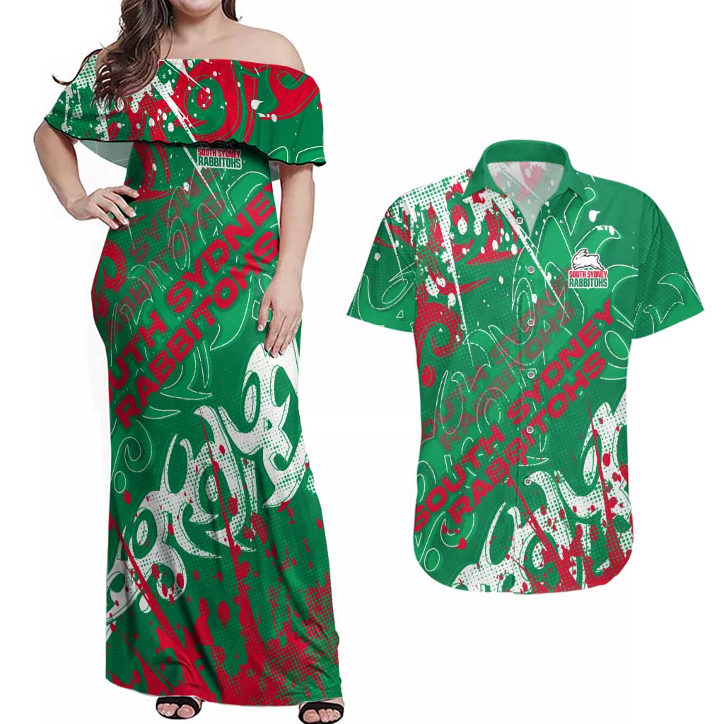 Personalized South Sydney Rabbitohs Rugby Couples Matching Off Shoulder Maxi Dress and Hawaiian Shirt Urban Street Graffiti Style - Distressed Splatter Elements