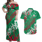 Personalized South Sydney Rabbitohs Rugby Couples Matching Off Shoulder Maxi Dress and Hawaiian Shirt Urban Street Graffiti Style - Distressed Splatter Elements