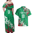 Personalized South Sydney Rabbitohs Rugby Couples Matching Off Shoulder Maxi Dress and Hawaiian Shirt Urban Street Graffiti Style - Distressed Splatter Elements