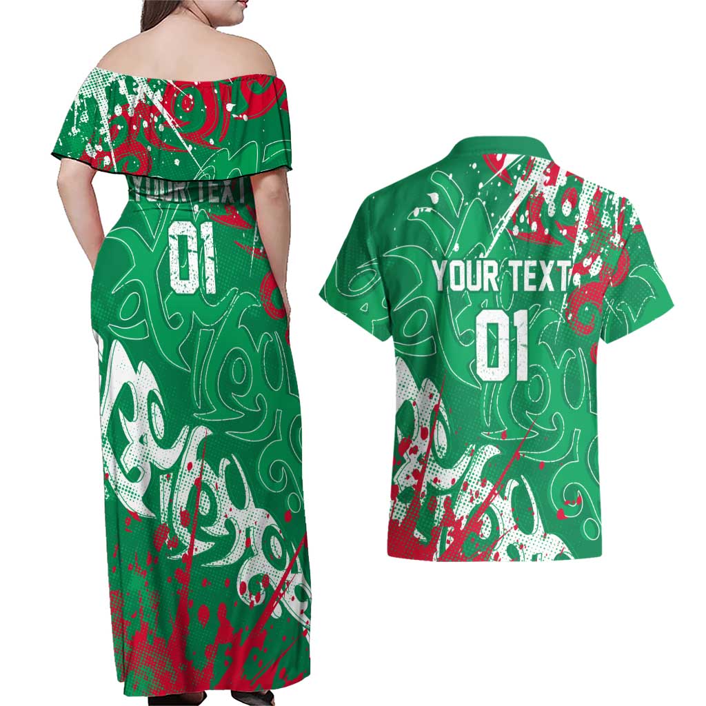 Personalized South Sydney Rabbitohs Rugby Couples Matching Off Shoulder Maxi Dress and Hawaiian Shirt Urban Street Graffiti Style - Distressed Splatter Elements