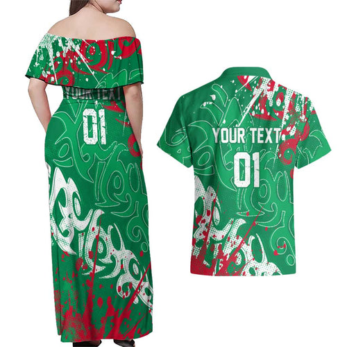 Personalized South Sydney Rabbitohs Rugby Couples Matching Off Shoulder Maxi Dress and Hawaiian Shirt Urban Street Graffiti Style - Distressed Splatter Elements