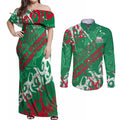 Personalized South Sydney Rabbitohs Rugby Couples Matching Off Shoulder Maxi Dress and Long Sleeve Button Shirt Urban Street Graffiti Style - Distressed Splatter Elements