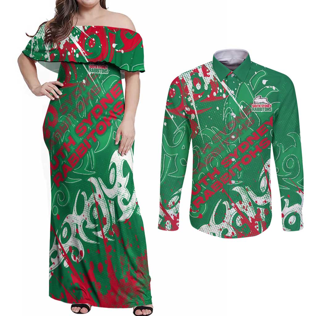 Personalized South Sydney Rabbitohs Rugby Couples Matching Off Shoulder Maxi Dress and Long Sleeve Button Shirt Urban Street Graffiti Style - Distressed Splatter Elements