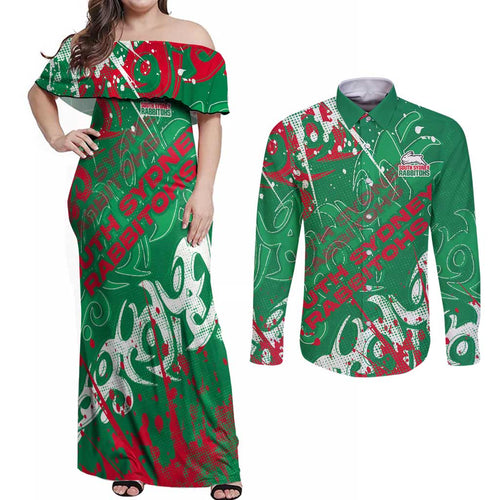 Personalized South Sydney Rabbitohs Rugby Couples Matching Off Shoulder Maxi Dress and Long Sleeve Button Shirt Urban Street Graffiti Style - Distressed Splatter Elements