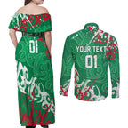Personalized South Sydney Rabbitohs Rugby Couples Matching Off Shoulder Maxi Dress and Long Sleeve Button Shirt Urban Street Graffiti Style - Distressed Splatter Elements