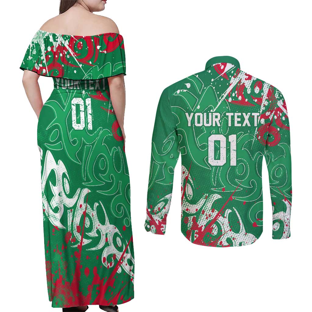 Personalized South Sydney Rabbitohs Rugby Couples Matching Off Shoulder Maxi Dress and Long Sleeve Button Shirt Urban Street Graffiti Style - Distressed Splatter Elements