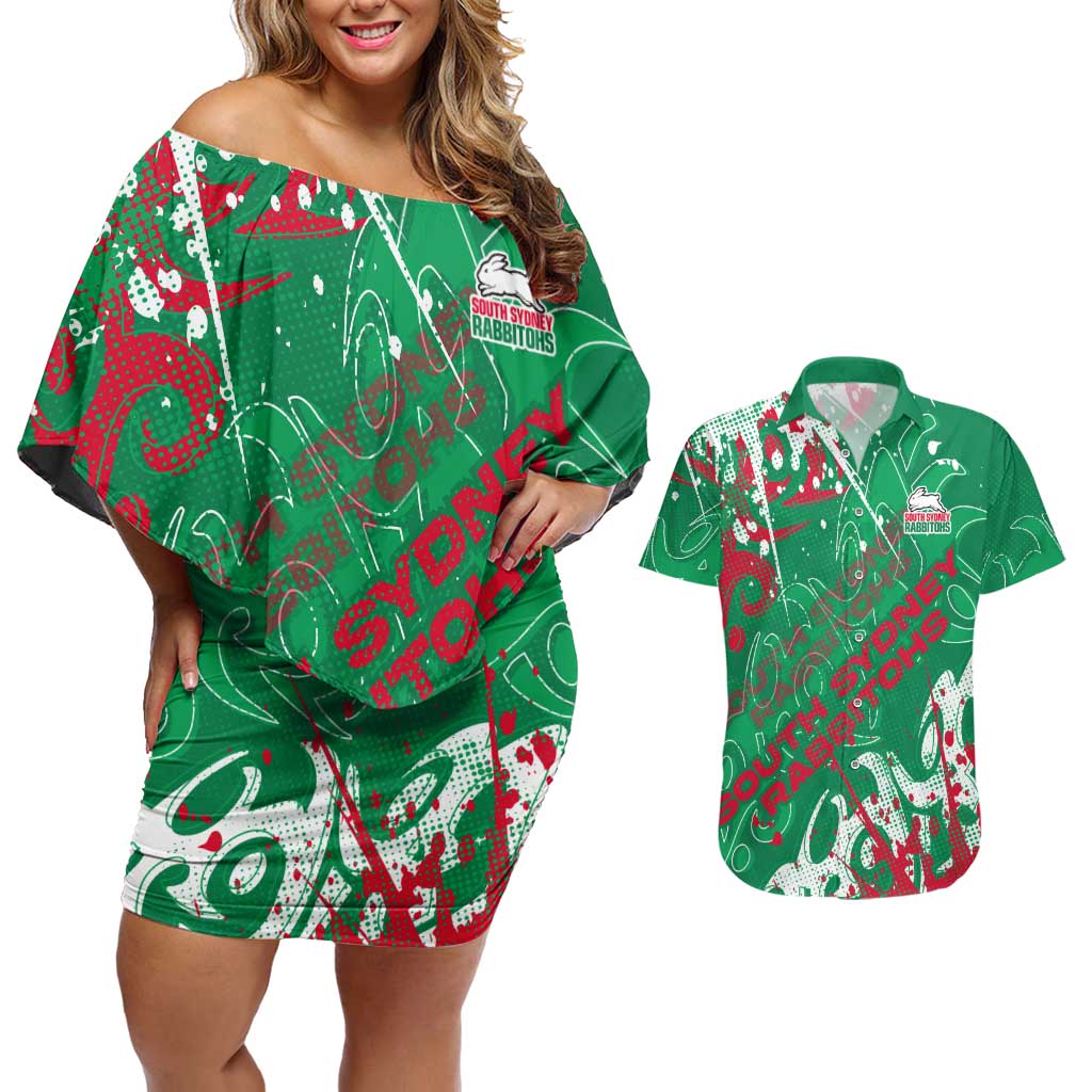 Personalized South Sydney Rabbitohs Rugby Couples Matching Off Shoulder Short Dress and Hawaiian Shirt Urban Street Graffiti Style - Distressed Splatter Elements