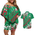 Personalized South Sydney Rabbitohs Rugby Couples Matching Off Shoulder Short Dress and Hawaiian Shirt Urban Street Graffiti Style - Distressed Splatter Elements