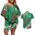Personalized South Sydney Rabbitohs Rugby Couples Matching Off Shoulder Short Dress and Hawaiian Shirt Urban Street Graffiti Style - Distressed Splatter Elements