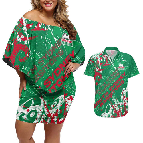 Personalized South Sydney Rabbitohs Rugby Couples Matching Off Shoulder Short Dress and Hawaiian Shirt Urban Street Graffiti Style - Distressed Splatter Elements