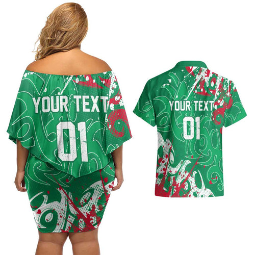 Personalized South Sydney Rabbitohs Rugby Couples Matching Off Shoulder Short Dress and Hawaiian Shirt Urban Street Graffiti Style - Distressed Splatter Elements
