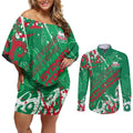 Personalized South Sydney Rabbitohs Rugby Couples Matching Off Shoulder Short Dress and Long Sleeve Button Shirt Urban Street Graffiti Style - Distressed Splatter Elements