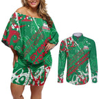 Personalized South Sydney Rabbitohs Rugby Couples Matching Off Shoulder Short Dress and Long Sleeve Button Shirt Urban Street Graffiti Style - Distressed Splatter Elements