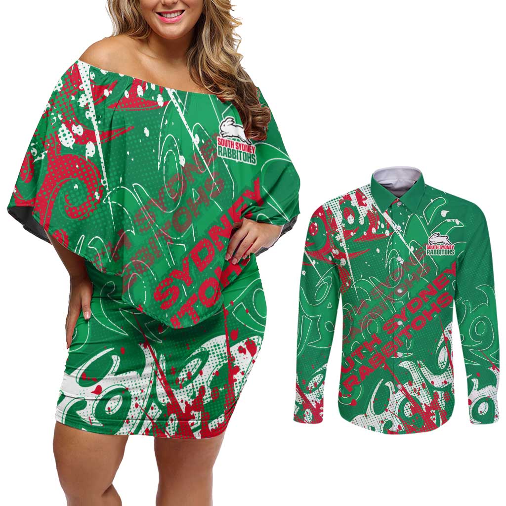 Personalized South Sydney Rabbitohs Rugby Couples Matching Off Shoulder Short Dress and Long Sleeve Button Shirt Urban Street Graffiti Style - Distressed Splatter Elements